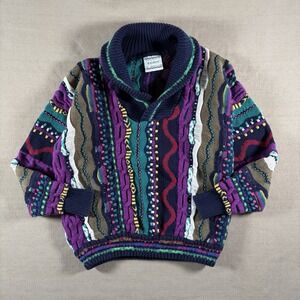 Kalaroo Sweater Men Medium Multicolor Coogi Style Textured Knit Shawl Collar 90s